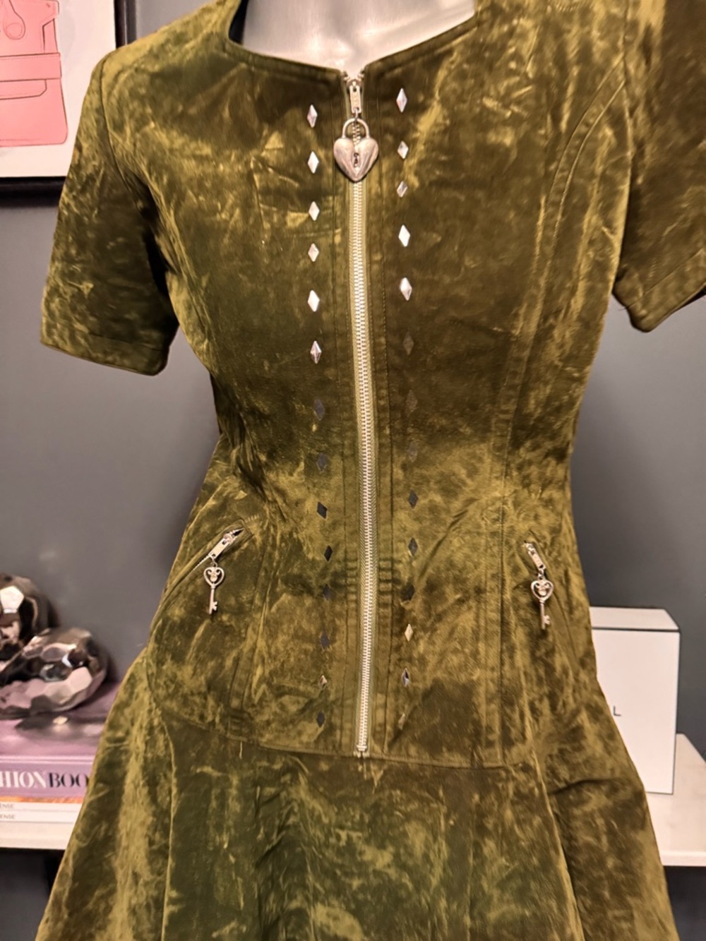 Green Velvet Goth Grunge Dress + Jacket Set - Picture 4 of 14